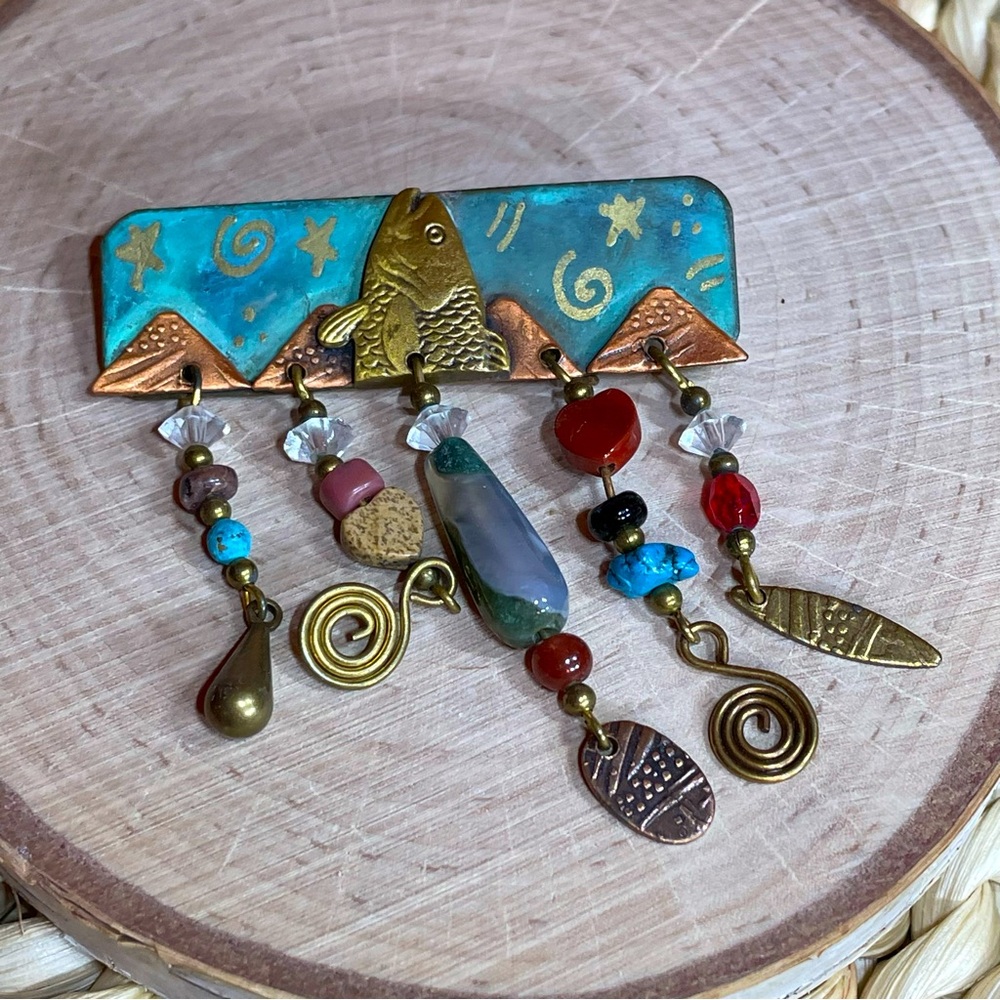 Vintage Handcrafted Artistic Brooch Beads Fish Copper Brass Mixed Metal Jewelry